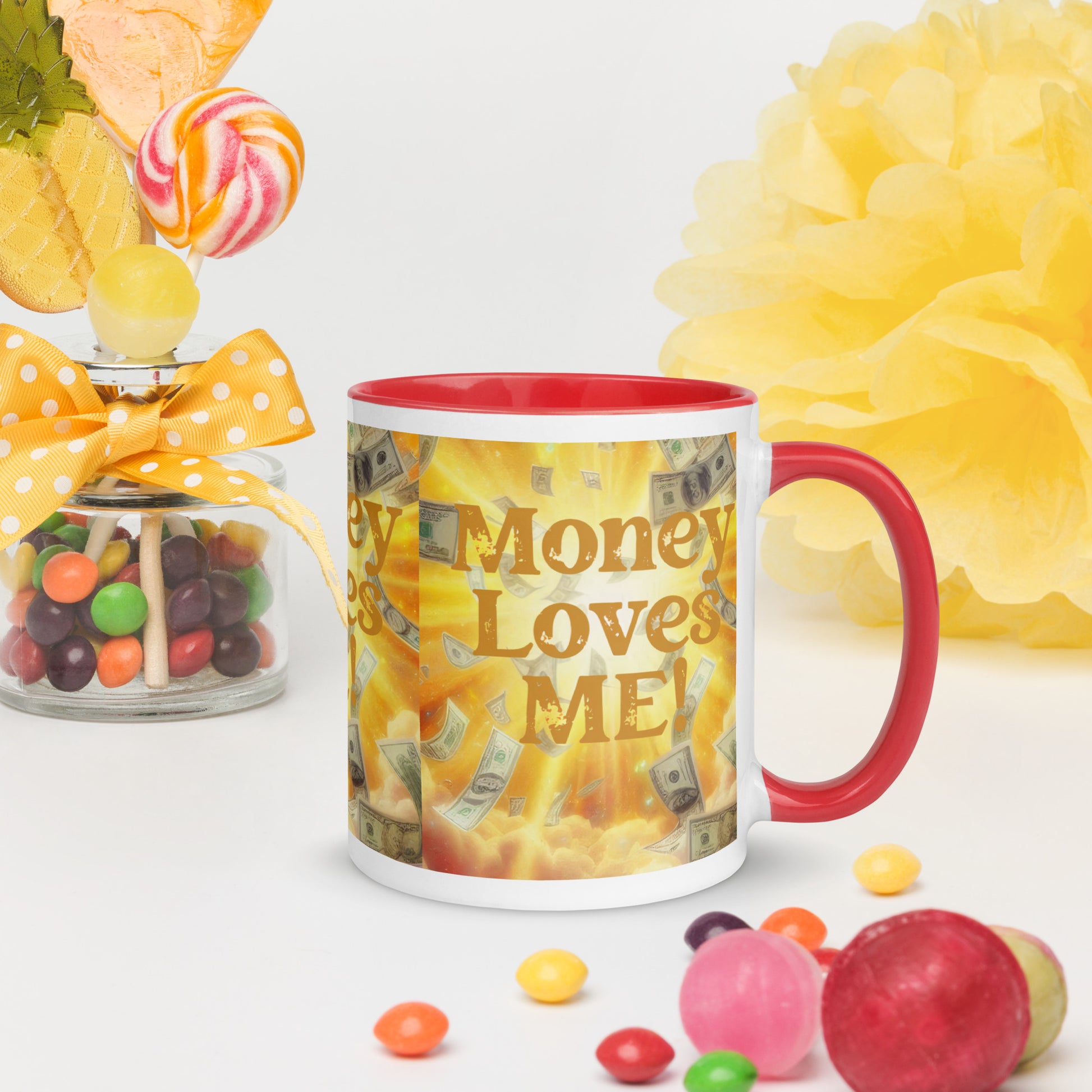 Black "Money Loves Me" abundance affirmation mug with colorful interior, featuring prosperity mindset design by I Love Me Vibe.