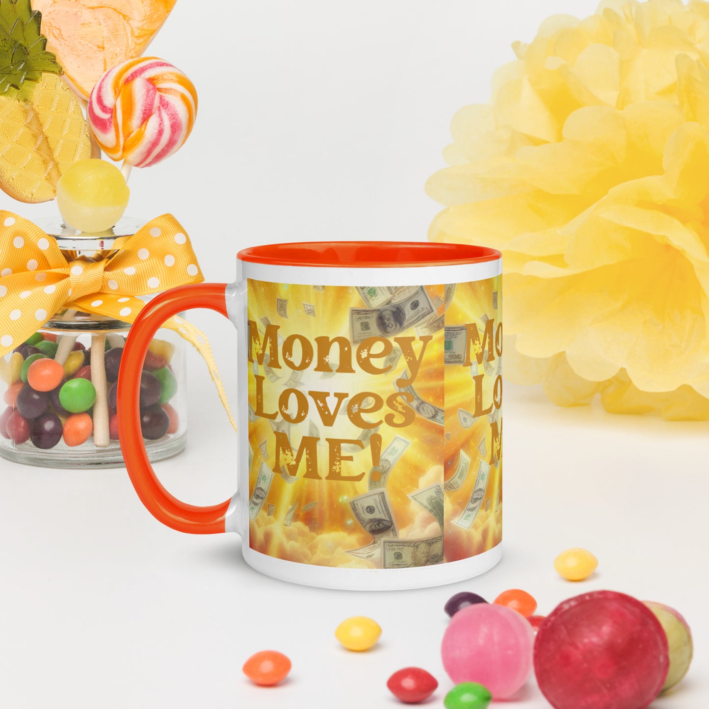 Black I love me vibe mug with "Money Loves Me" affirmation, colorful inside, designed for prosperity and abundance mindset.