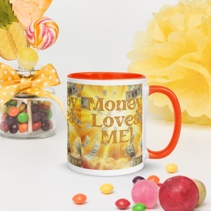 I Love Me Vibe black mug with "Money Loves Me" abundance affirmation and colorful inside, promoting prosperity mindset.