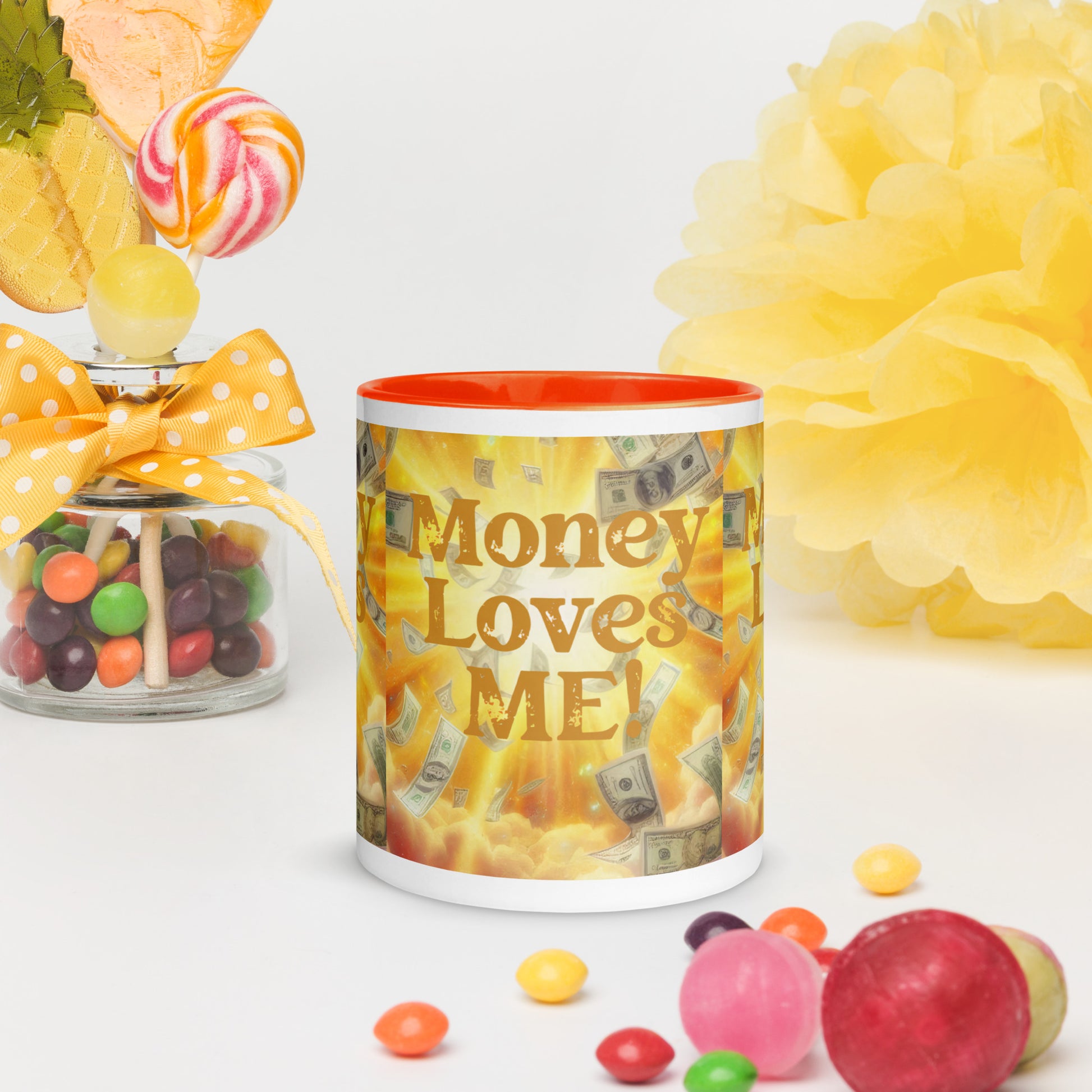 Black I Love Me Vibe mug with "Money Loves Me" abundance affirmation and colorful inside, perfect for promoting prosperity mindset.