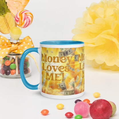 Black I Love Me Vibe mug with "Money Loves Me" affirmation and colorful interior, promoting abundance and prosperity mindset.