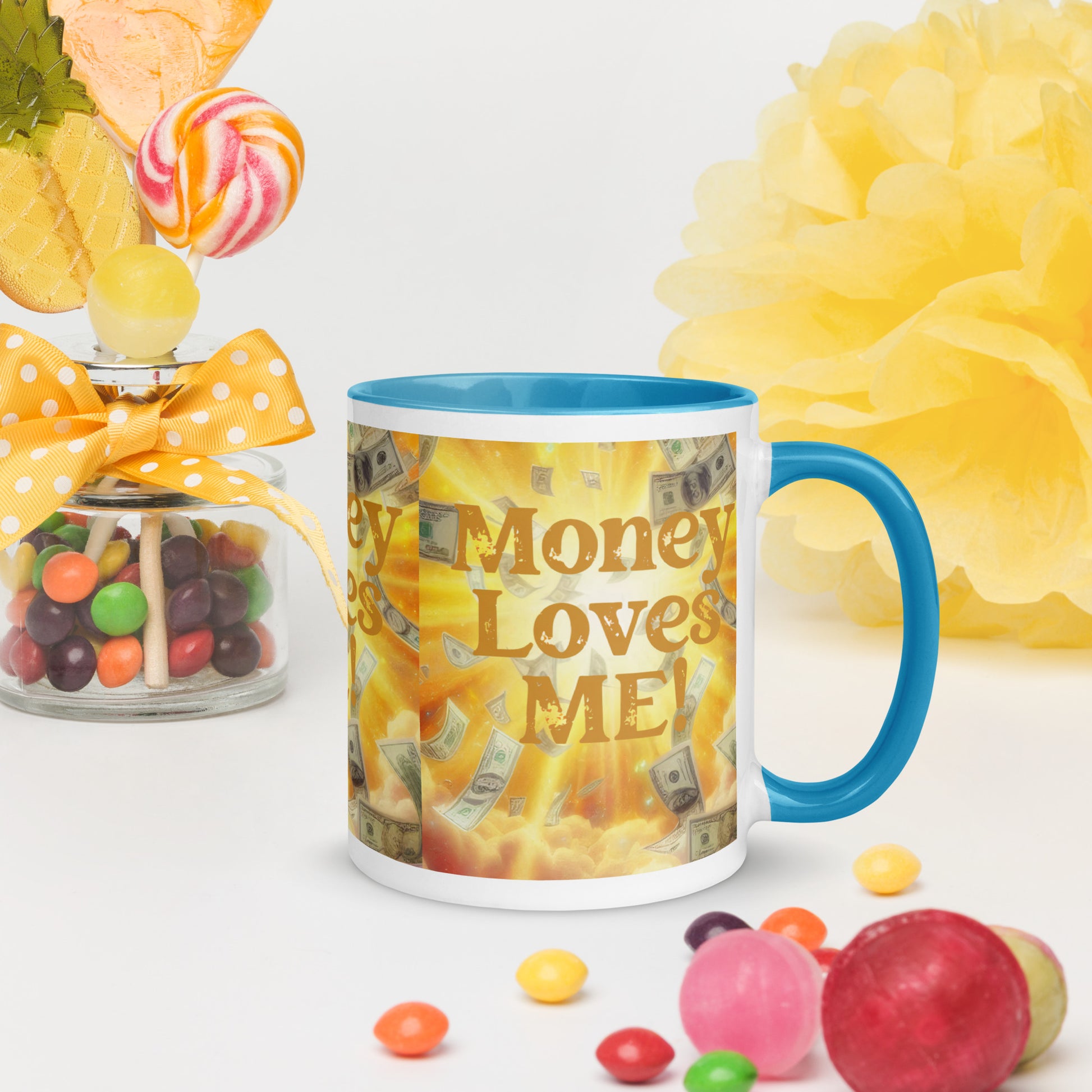 Black I Love Me Vibe mug with "Money Loves Me" affirmation, colorful inside, featuring prosperity and abundance-themed design.