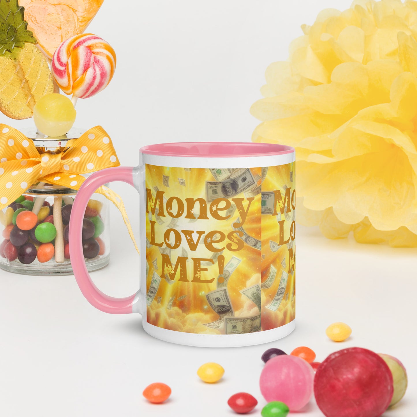 Black "Money Loves Me" affirmation mug with colorful inside, featuring prosperity mindset design by I Love Me Vibe.