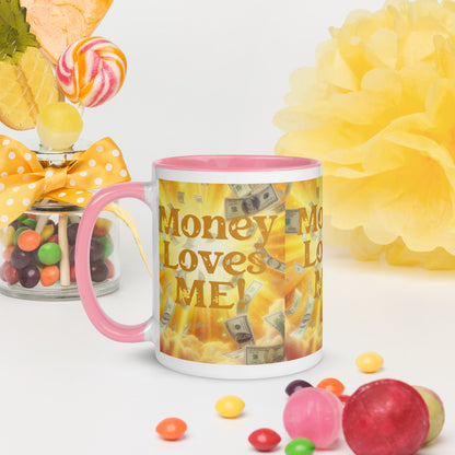 Black "Money Loves Me" affirmation mug with colorful inside, featuring prosperity mindset design by I Love Me Vibe.