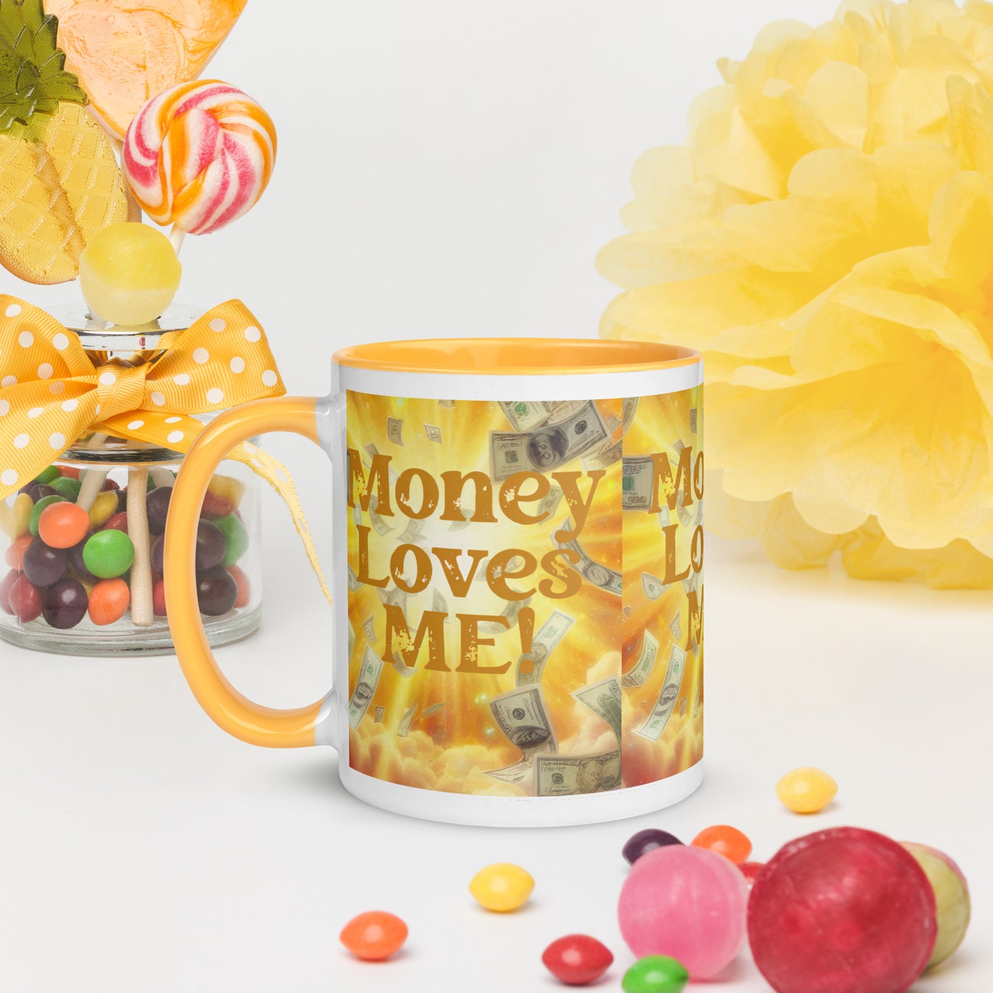 Black "Money Loves Me" abundance affirmation mug by I Love Me Vibe with colorful inside, perfect for promoting prosperity mindset.
