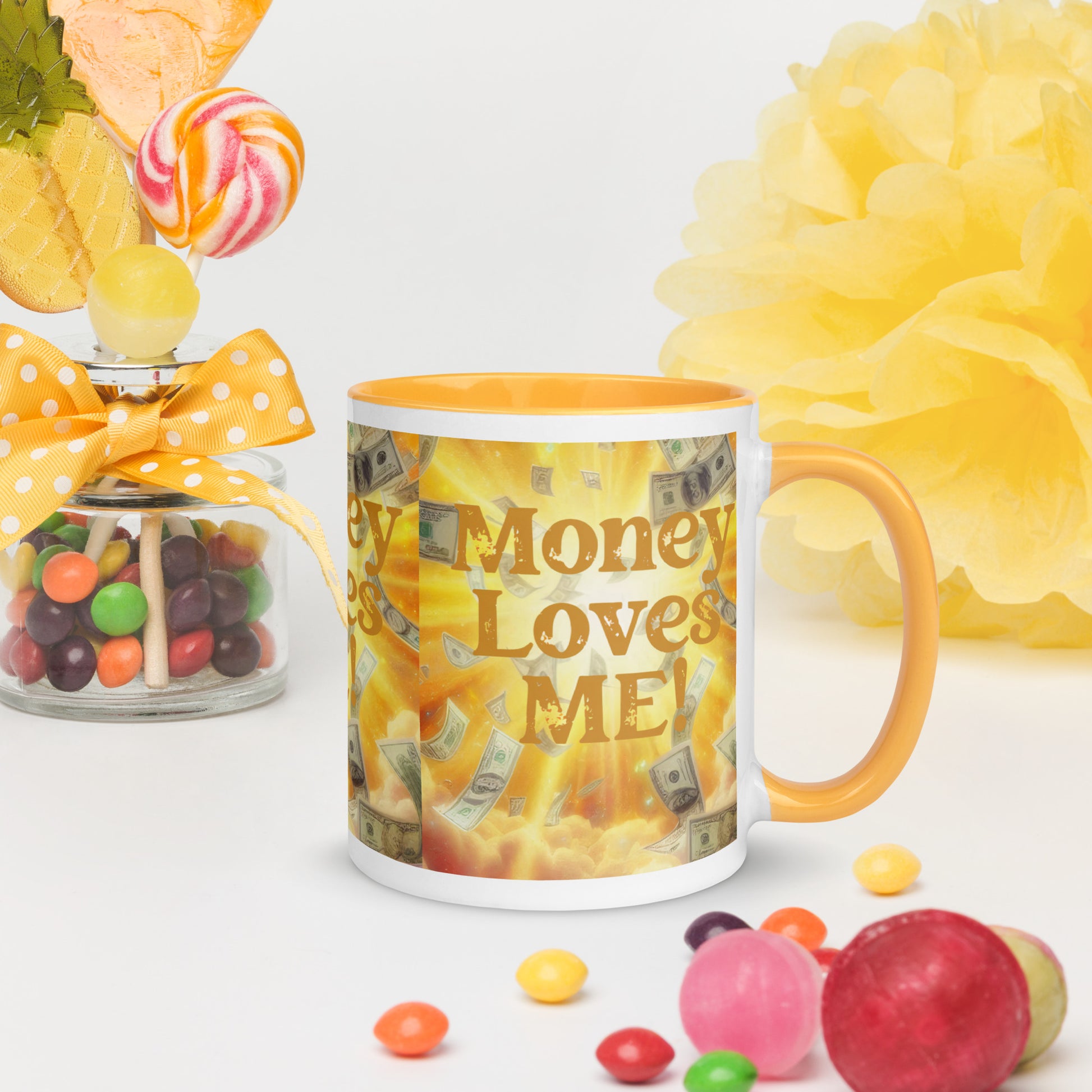 Black I Love Me Vibe mug with "Money Loves Me" affirmation and colorful inside, featuring prosperity mindset design.