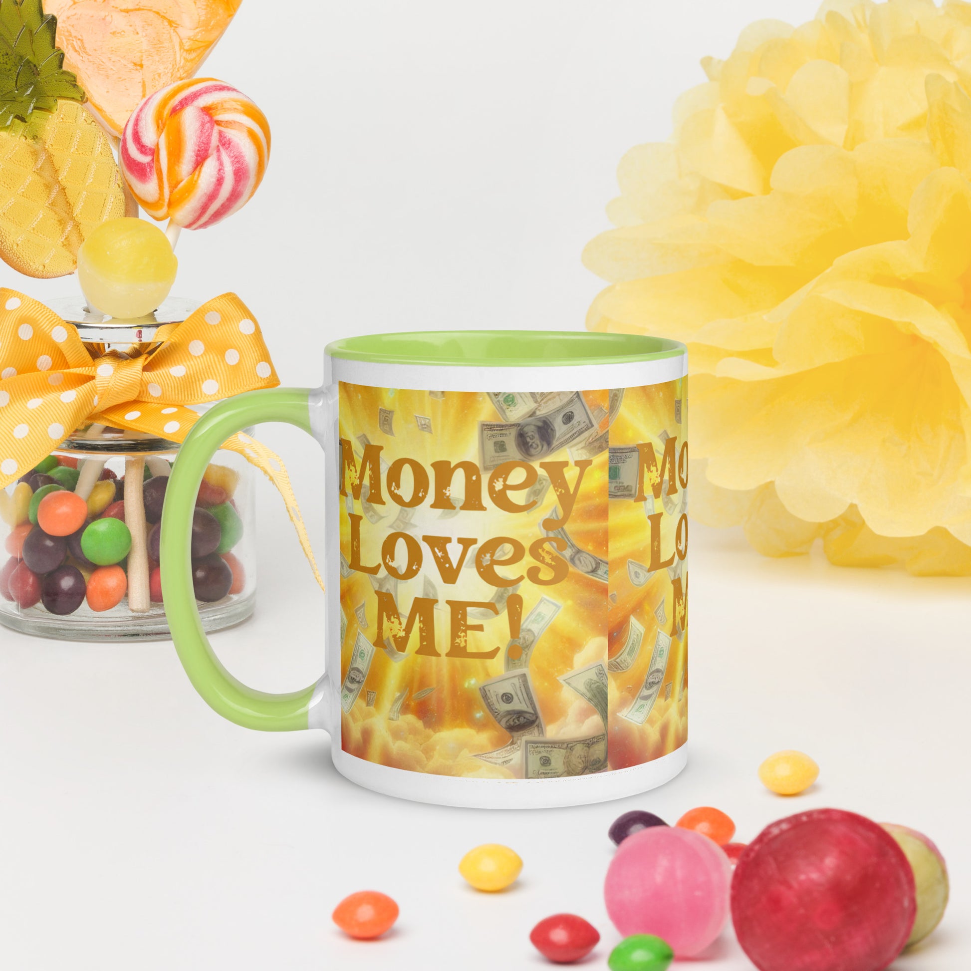 Black "Money Loves Me" abundance affirmation mug by I Love Me Vibe with colorful interior, promoting prosperity mindset.