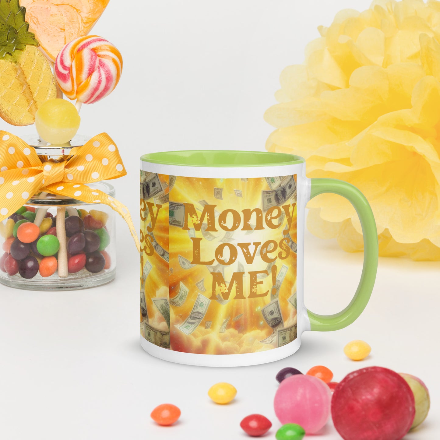 Black I Love Me Vibe mug with "Money Loves Me" affirmation, colorful inside, featuring prosperity mindset design.