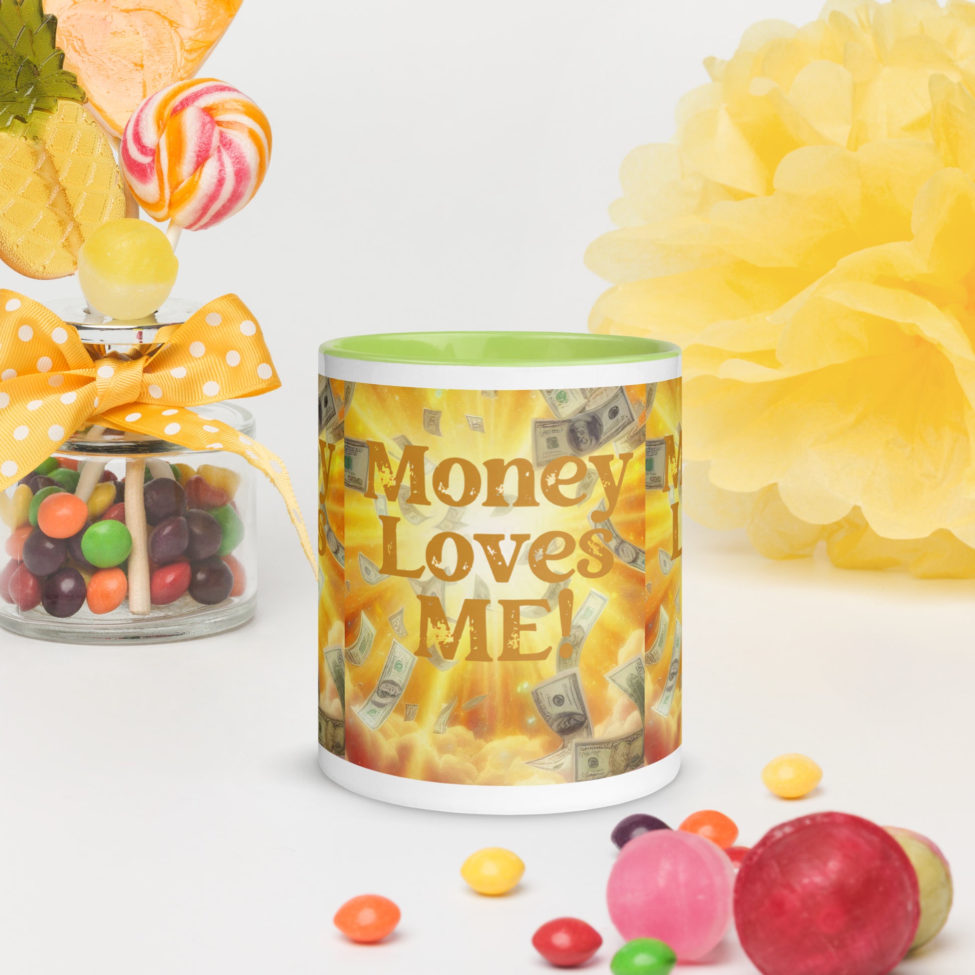 Black I Love Me Vibe mug with "Money Loves Me" affirmation, colorful interior, perfect for promoting abundance and prosperity.