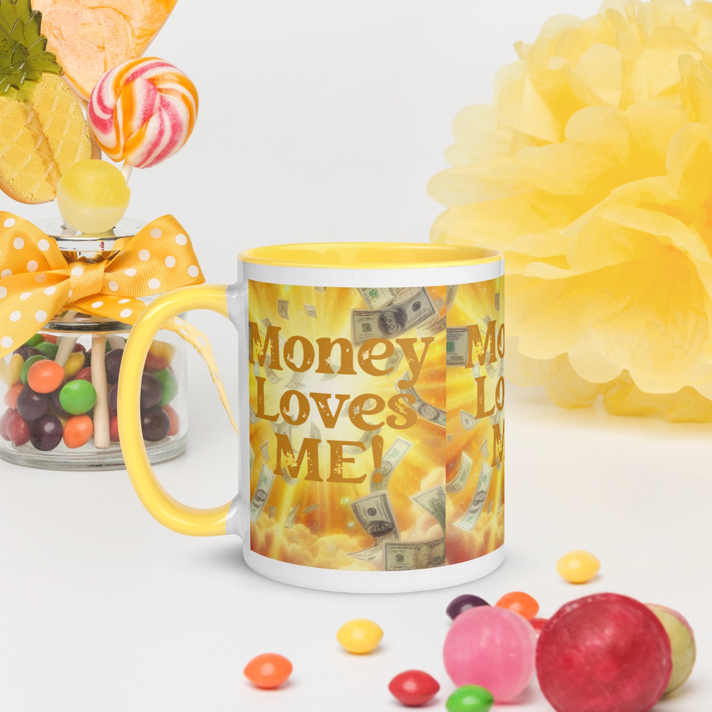 Black ceramic mug with "Money Loves Me" affirmation and colorful interior, designed for abundance mindset and prosperity.