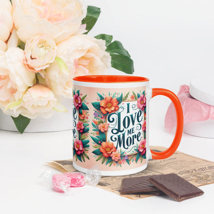 Dark blue I Love Me More affirmation mug with colorful inside, featuring motivational self-love message from I Love Me Vibe.