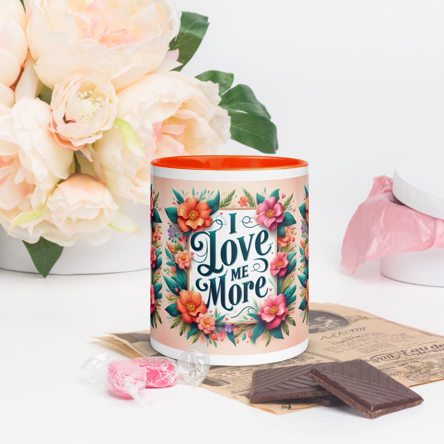 Dark blue I Love Me More affirmation mug with colorful inside, featuring motivational self-love message, by I Love Me Vibe.