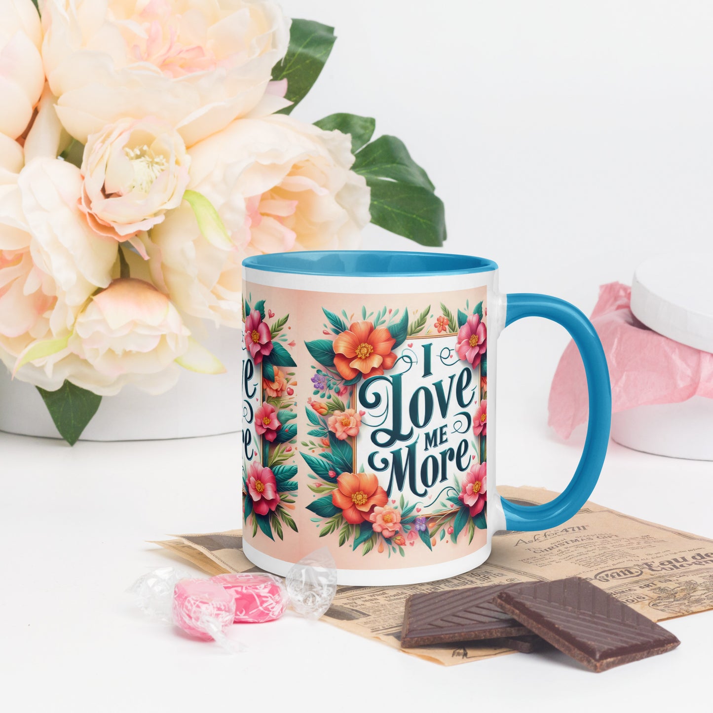 Dark blue I Love Me More affirmation mug with colorful inside, featuring motivational self-love message and I Love Me Vibe branding.