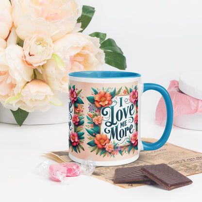 Dark blue I Love Me More affirmation mug with colorful inside, featuring motivational self-love message and I Love Me Vibe branding.