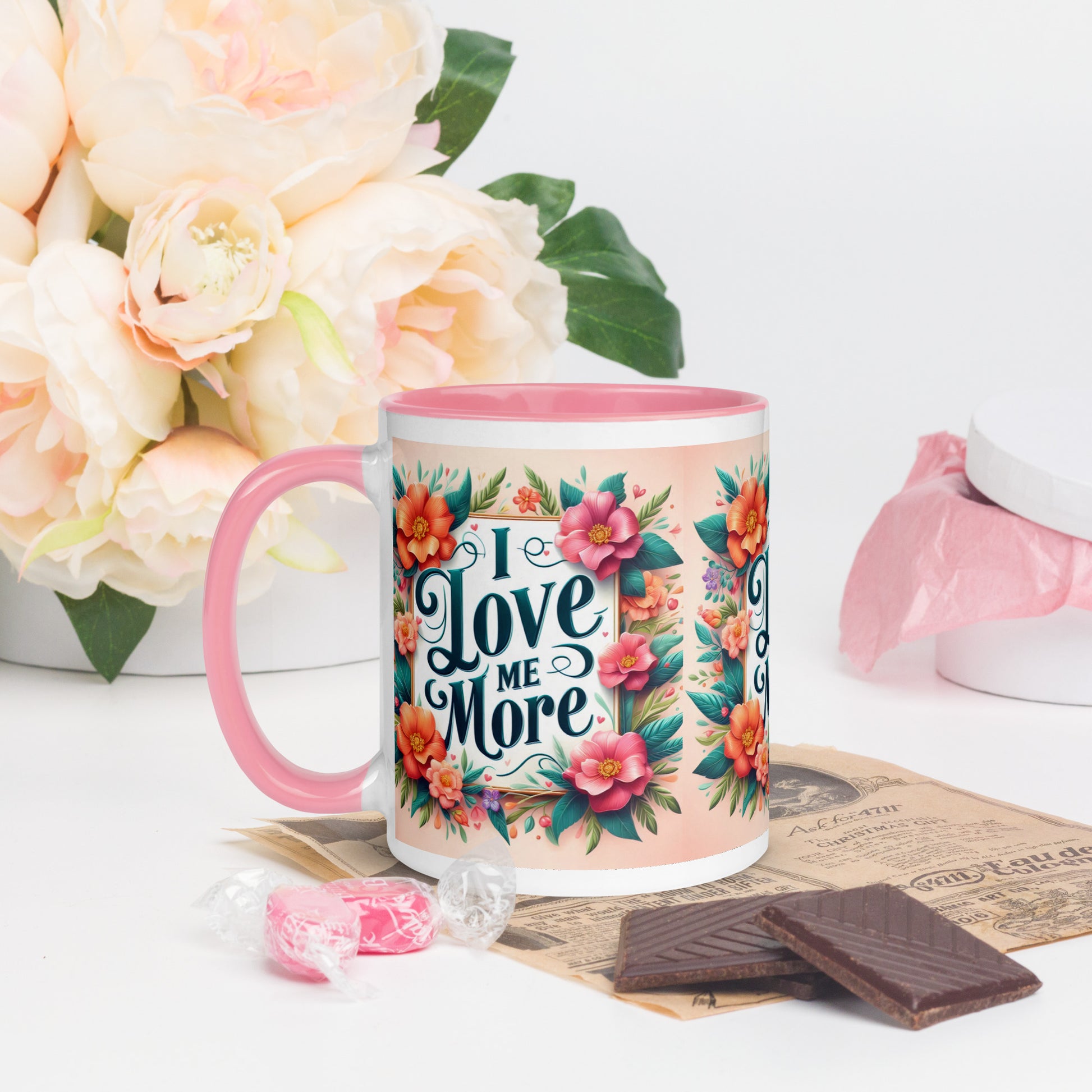 Dark blue I Love Me More affirmation mug with colorful inside, featuring motivational self-love message and I Love Me Vibe branding.