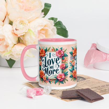 Dark blue I Love Me More affirmation mug with colorful inside, featuring motivational self-love message and I Love Me Vibe branding.