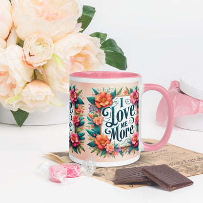 Dark blue I Love Me More affirmation mug with colorful inside, self-love motivational drinkware from I Love Me Vibe.