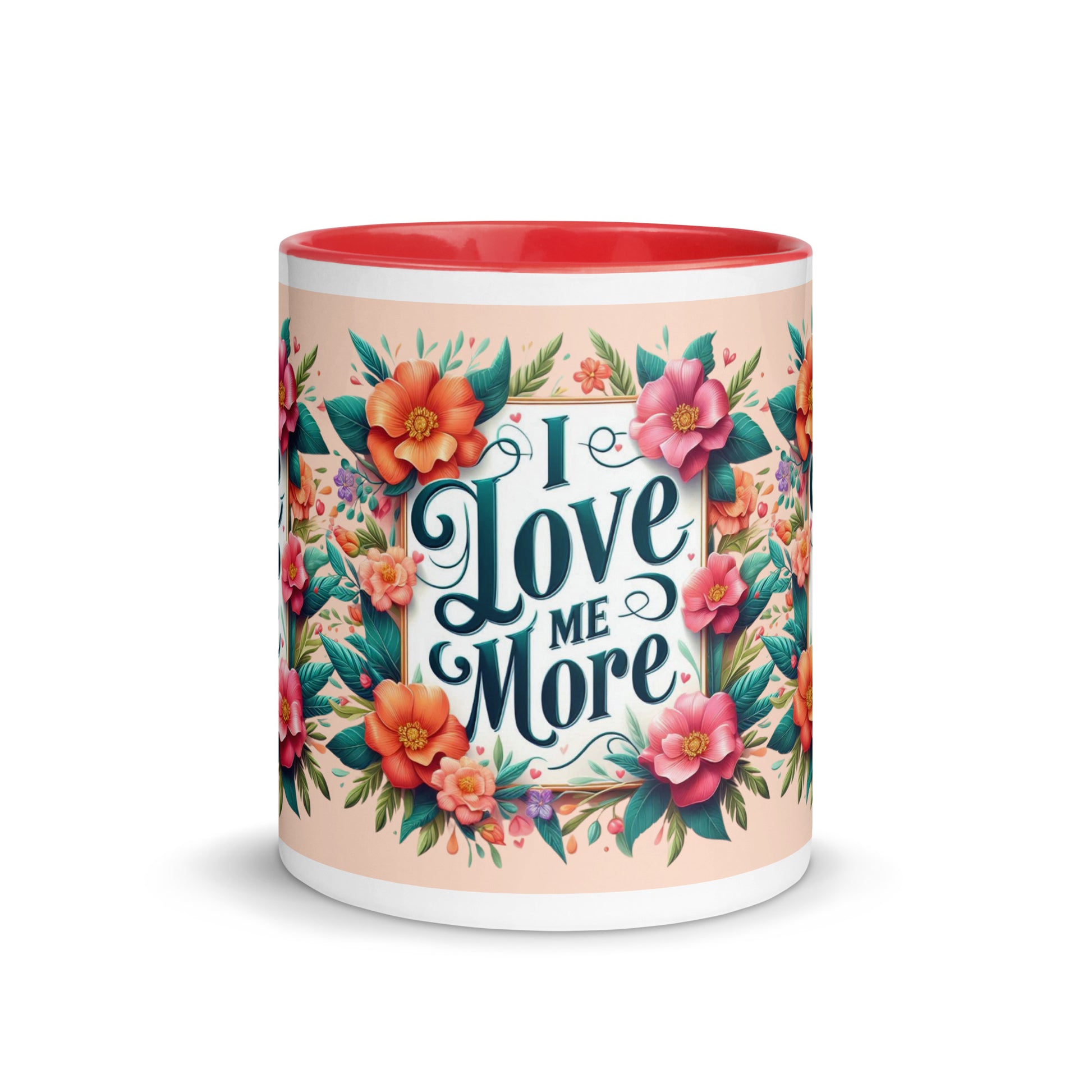 Dark blue I Love Me More affirmation mug with colorful inside, featuring motivational self-love message from I Love Me Vibe.