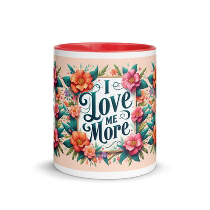 Dark blue I Love Me More affirmation mug with colorful inside, featuring motivational self-love message from I Love Me Vibe.