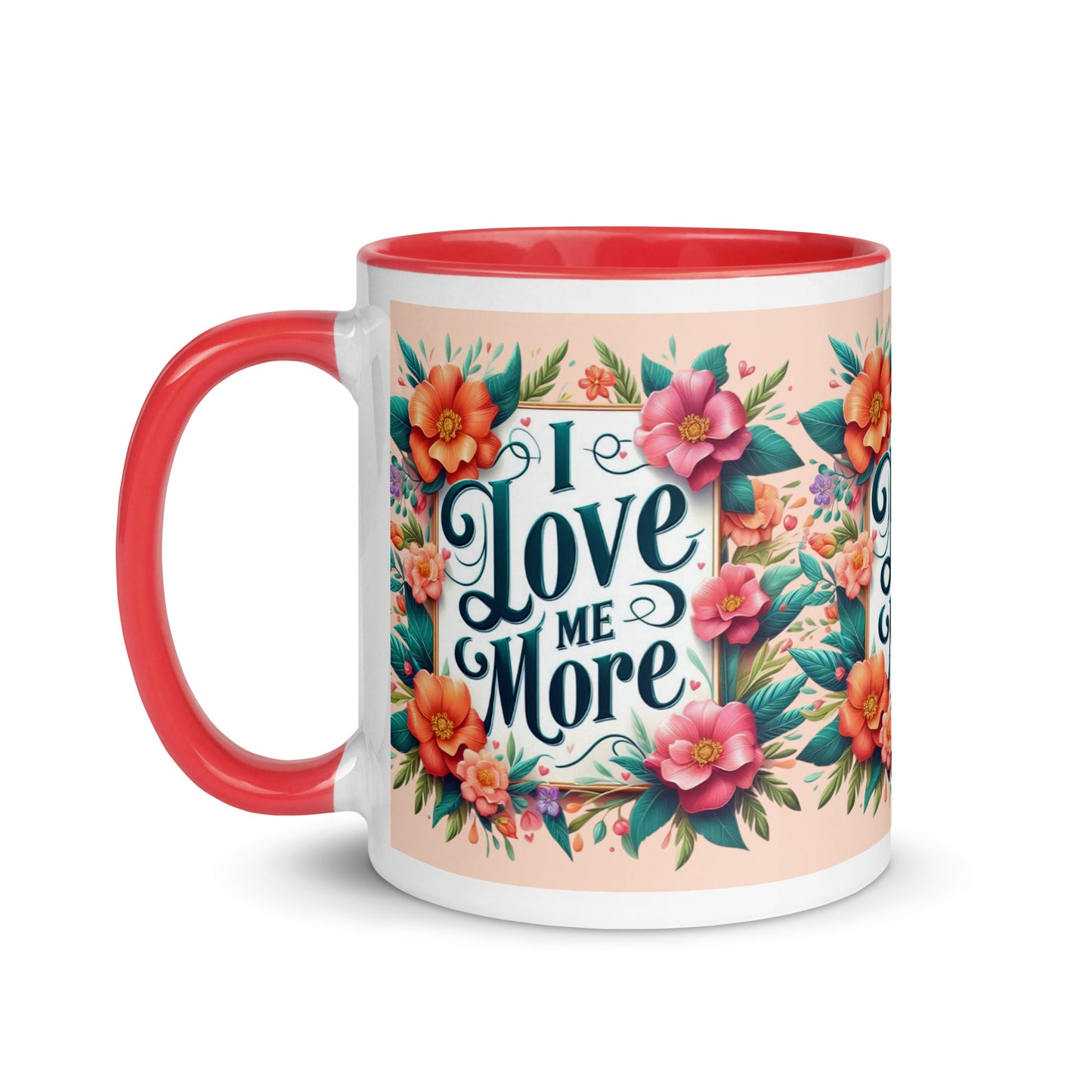Dark blue I Love Me More affirmation mug with colorful inside, featuring motivational self-love message and I Love Me Vibe branding.