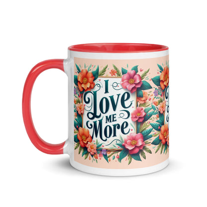 Dark blue I Love Me More affirmation mug with colorful inside, featuring motivational self-love message and I Love Me Vibe branding.