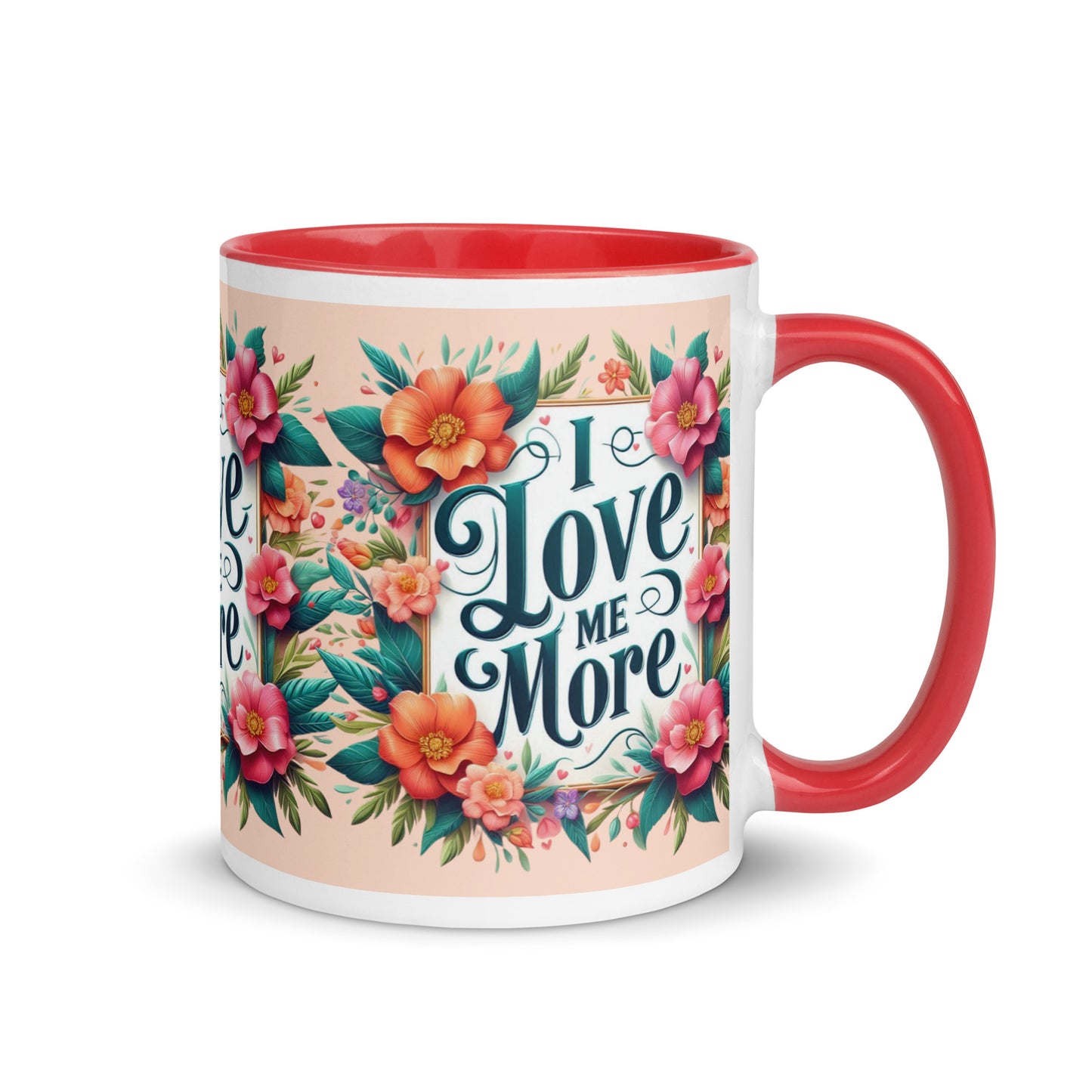 Dark blue I Love Me More affirmation mug with colorful inside, showcasing motivational self-love message and stylish design.