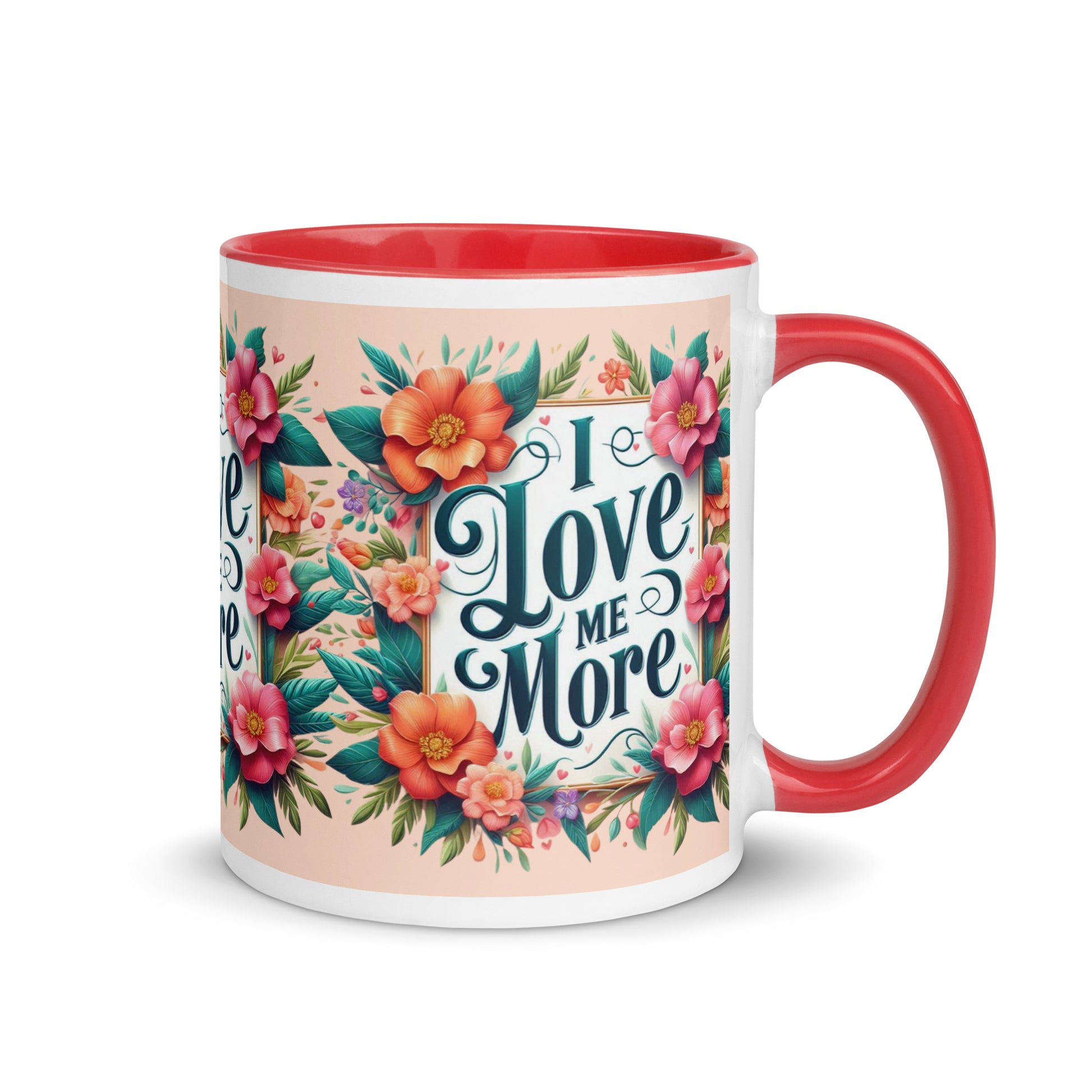 Dark blue I Love Me More affirmation mug with colorful inside, showcasing motivational self-love message and stylish design.