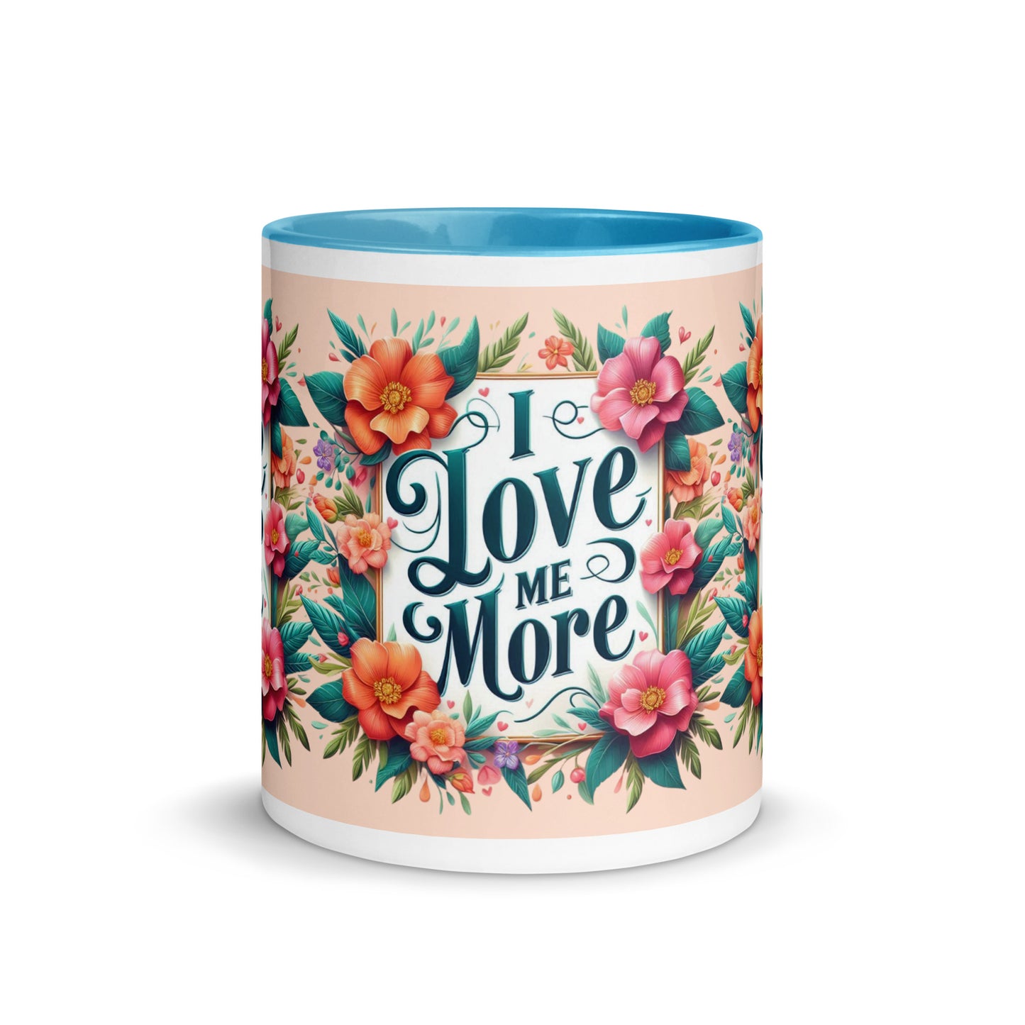 Dark blue I Love Me More affirmation mug with colorful inside, showcasing motivational self-love message and I Love Me Vibe branding.