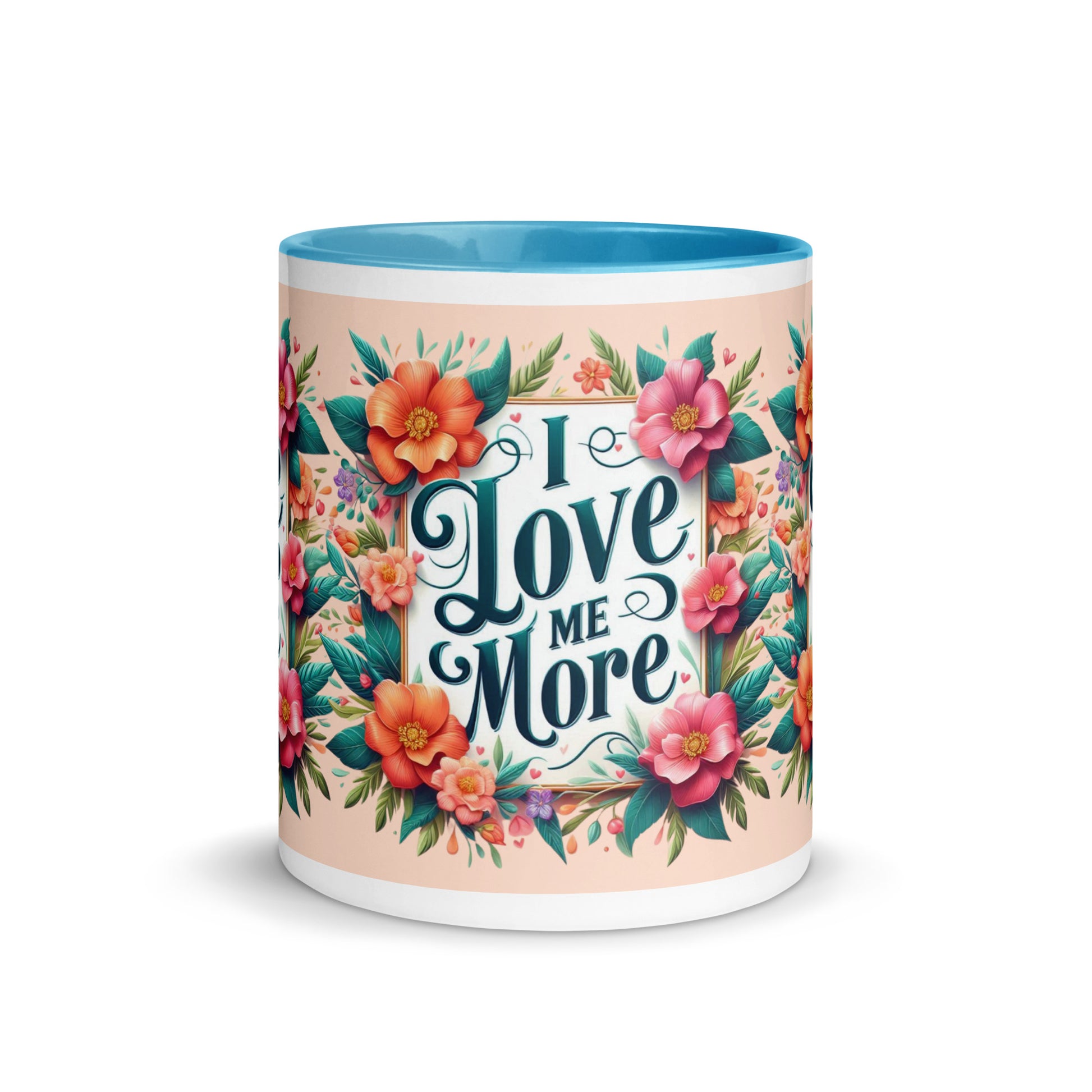 Dark blue I Love Me More affirmation mug with colorful inside, showcasing motivational self-love message and I Love Me Vibe branding.