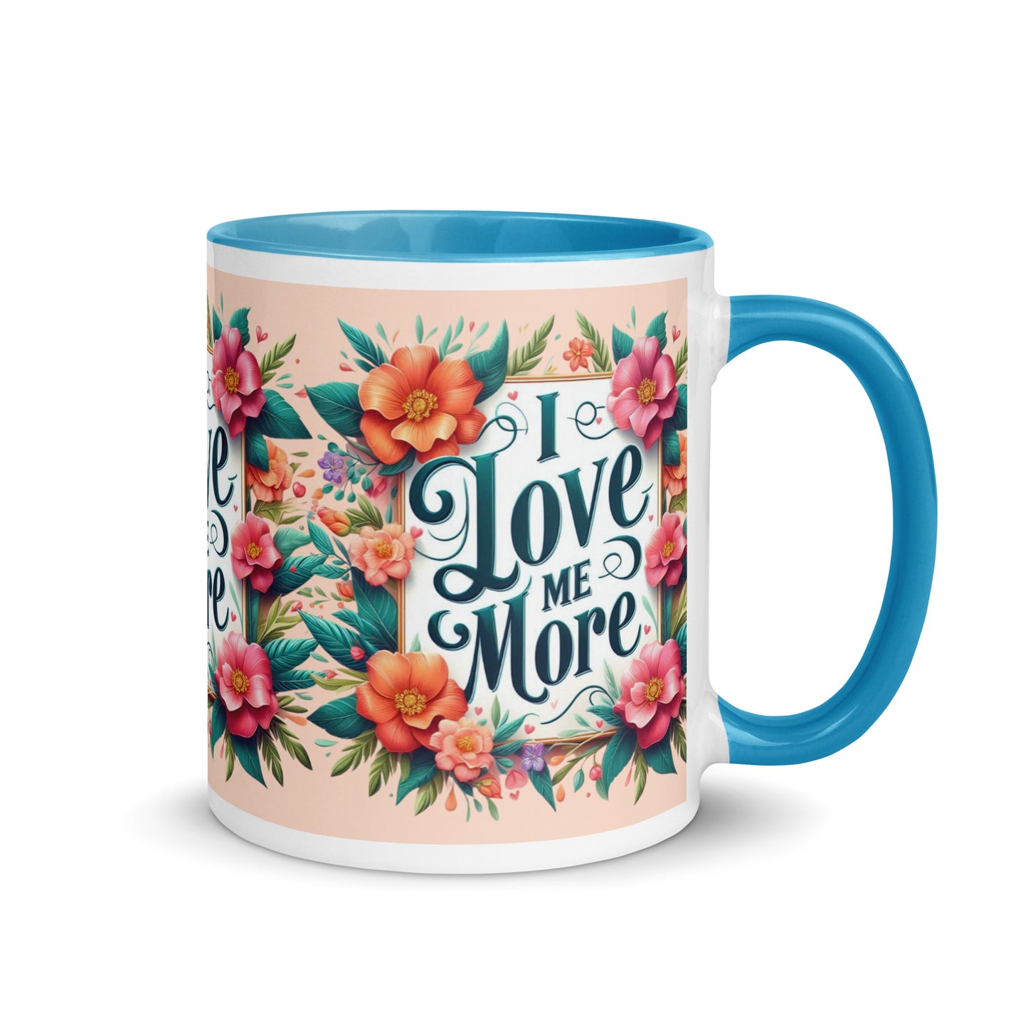 Dark blue I Love Me Vibe affirmation mug with colorful inside, featuring motivational self-love message on the front.
