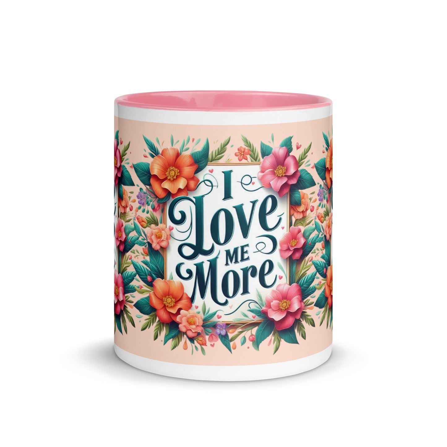 Dark blue I Love Me More affirmation mug with colorful interior, featuring motivational self-love message and stylish design.