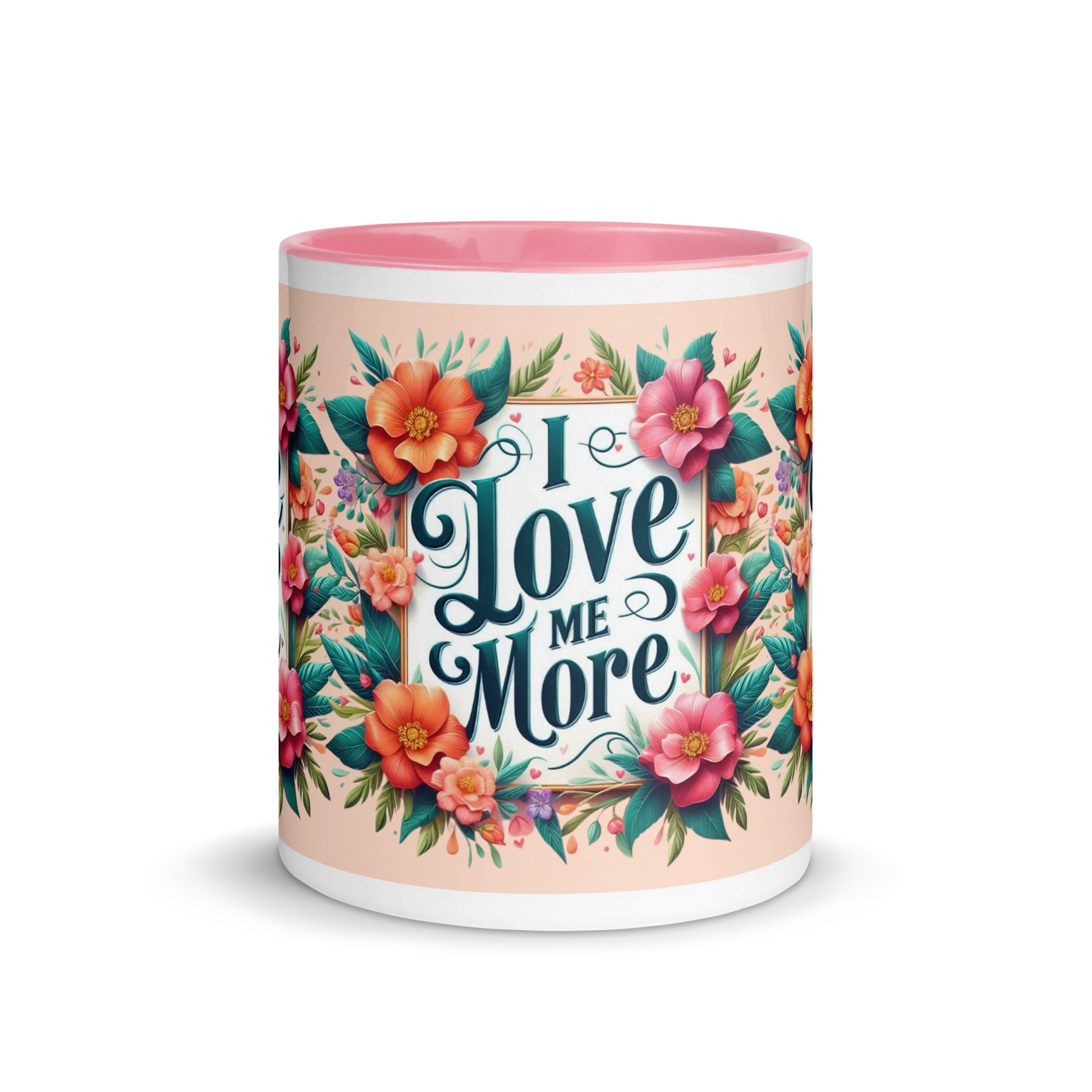 Dark blue I Love Me More affirmation mug with colorful interior, featuring motivational self-love message and stylish design.