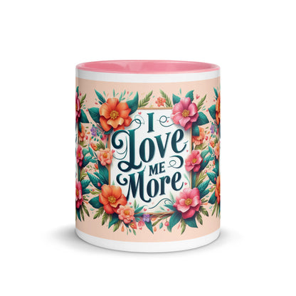 Dark blue I Love Me More affirmation mug with colorful interior, featuring motivational self-love message and stylish design.