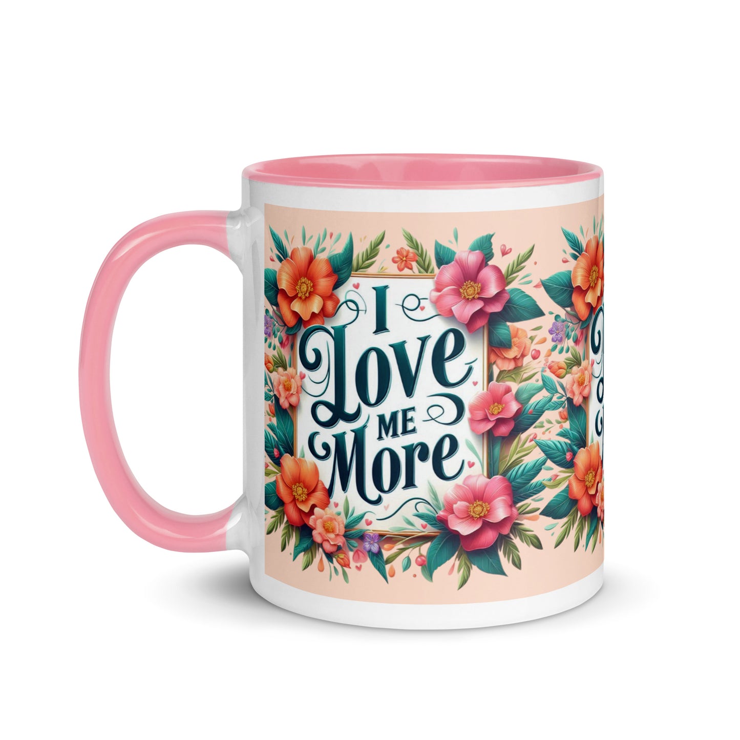Dark blue I Love Me More affirmation mug with colorful inside, featuring motivational self-love message, from I Love Me Vibe.