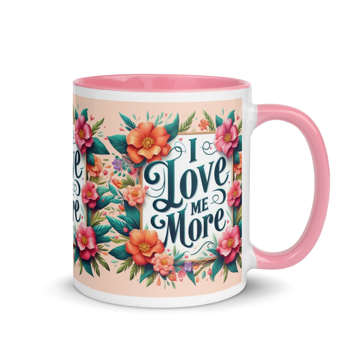 Dark blue I Love Me More affirmation mug with colorful inside, featuring motivational self-love message in stylish drinkware.