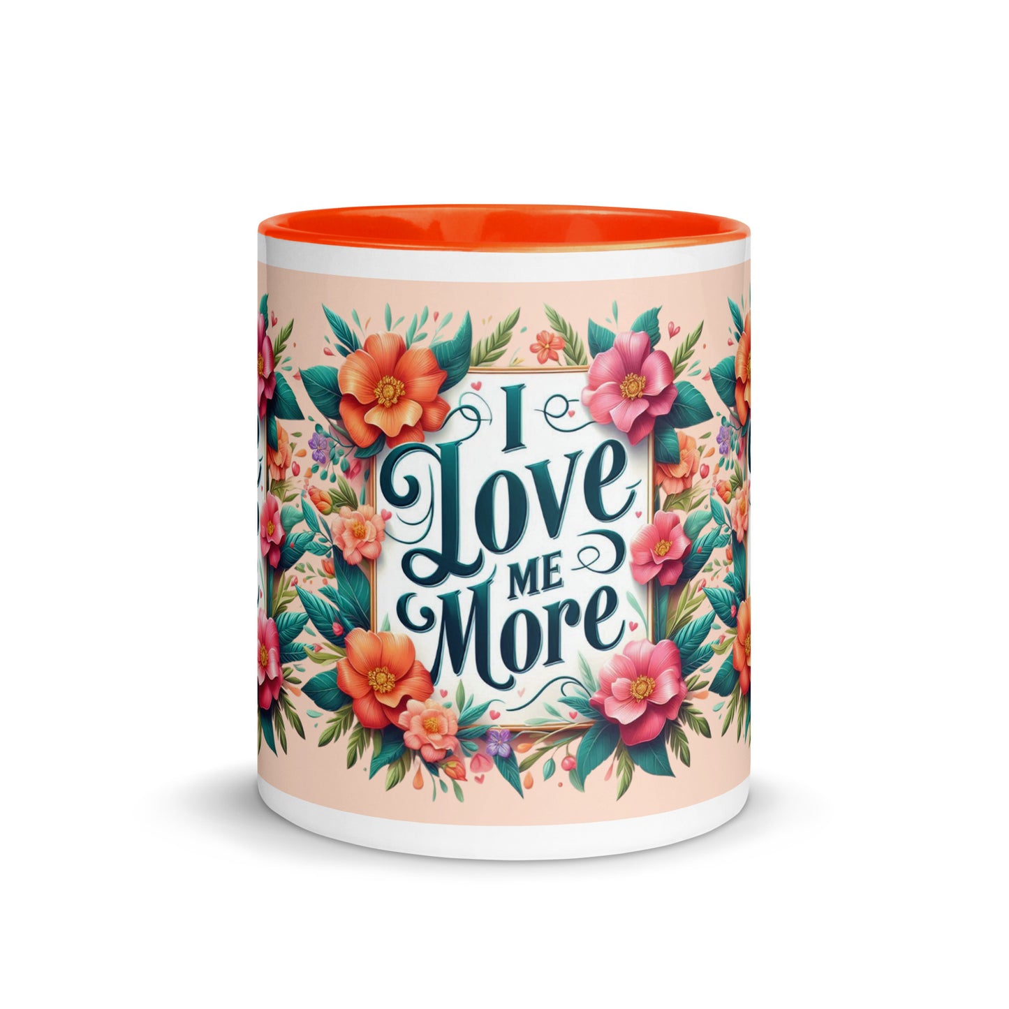 Dark blue I Love Me More affirmation mug with colorful inside, featuring motivational self-love message and I Love Me Vibe branding.