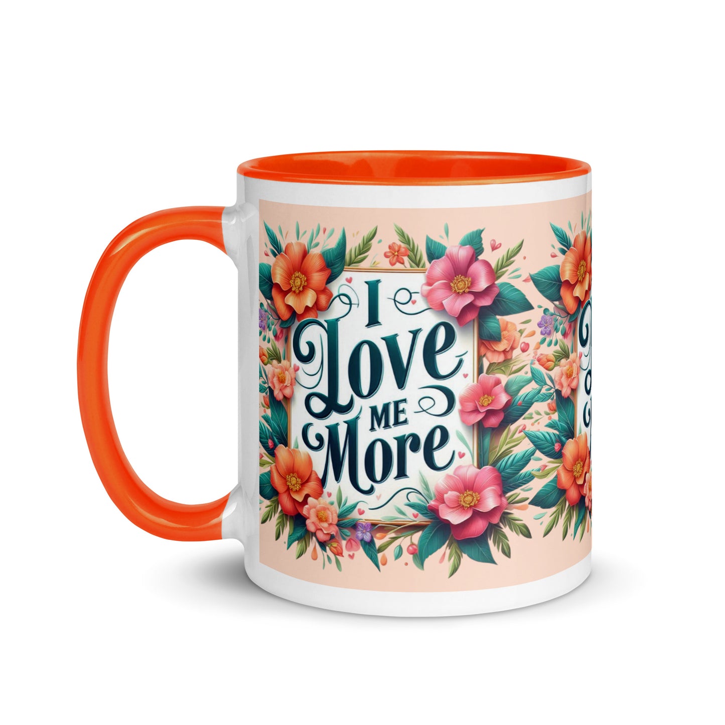 Dark blue I Love Me More affirmation mug with colorful inside, featuring motivational self-love message, from I Love Me Vibe.