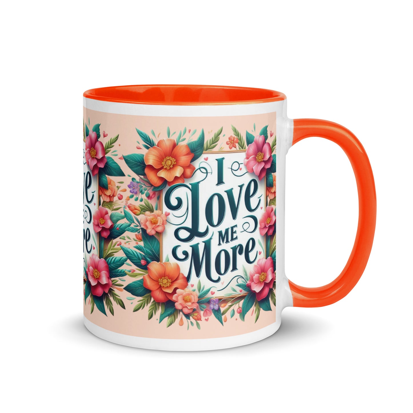 Dark blue I Love Me Vibe affirmation mug with colorful inside, featuring self-love motivational message and a sleek ceramic design.
