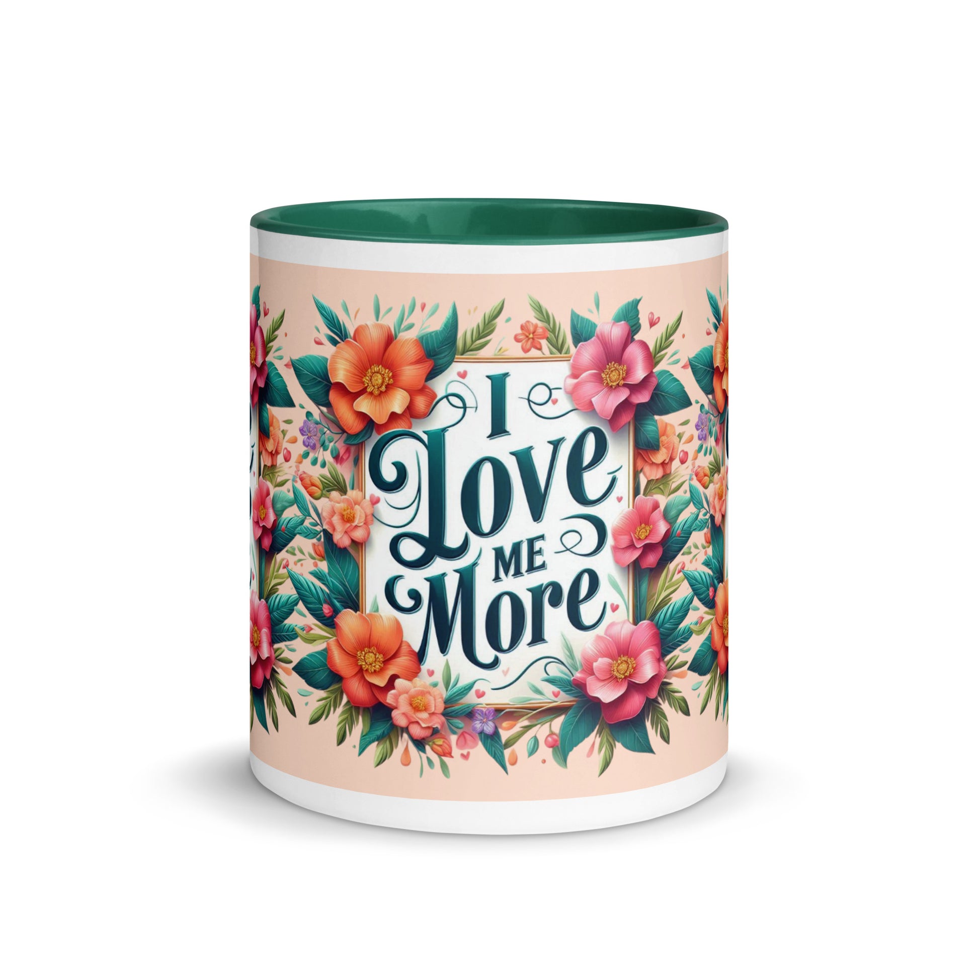Dark blue I Love Me More affirmation mug with colorful inside, featuring self-love motivational message and I Love Me Vibe branding.