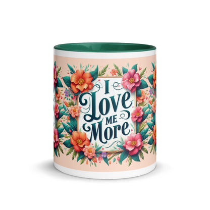 Dark blue I Love Me More affirmation mug with colorful inside, featuring self-love motivational message and I Love Me Vibe branding.