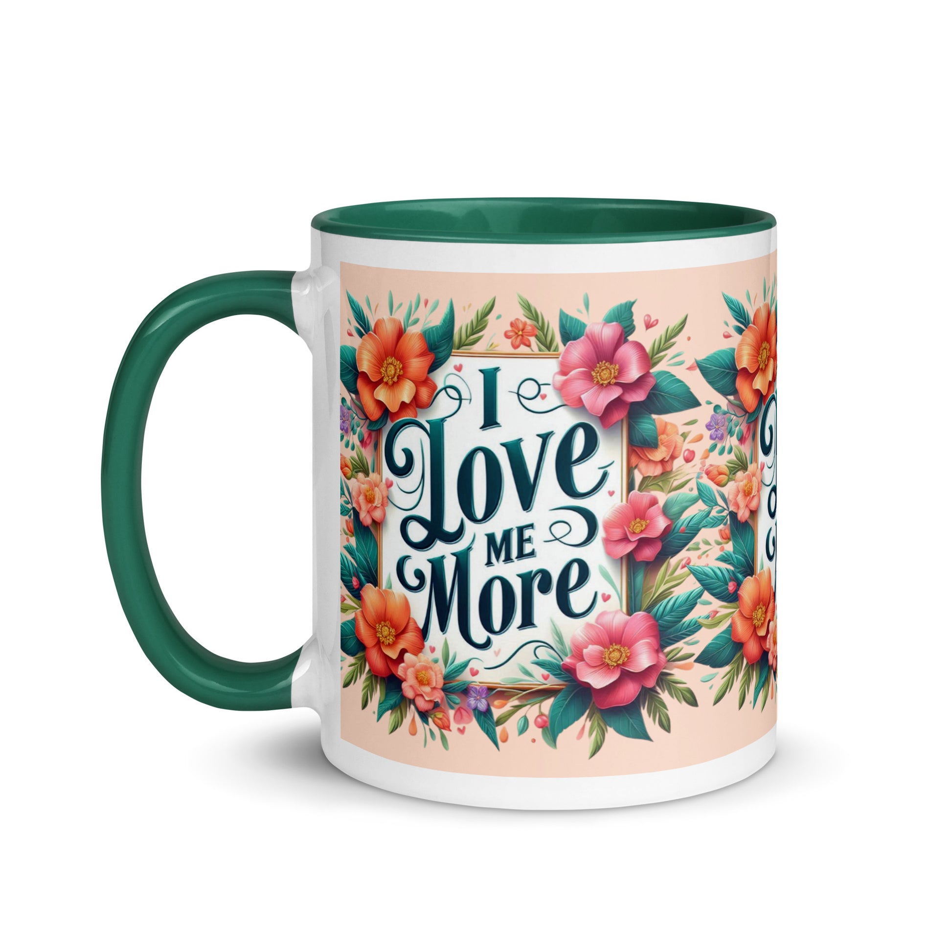 Dark blue I Love Me More affirmation mug with colorful inside, featuring motivational self-love message from I Love Me Vibe.