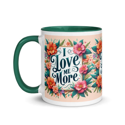 Dark blue I Love Me More affirmation mug with colorful inside, featuring motivational self-love message from I Love Me Vibe.