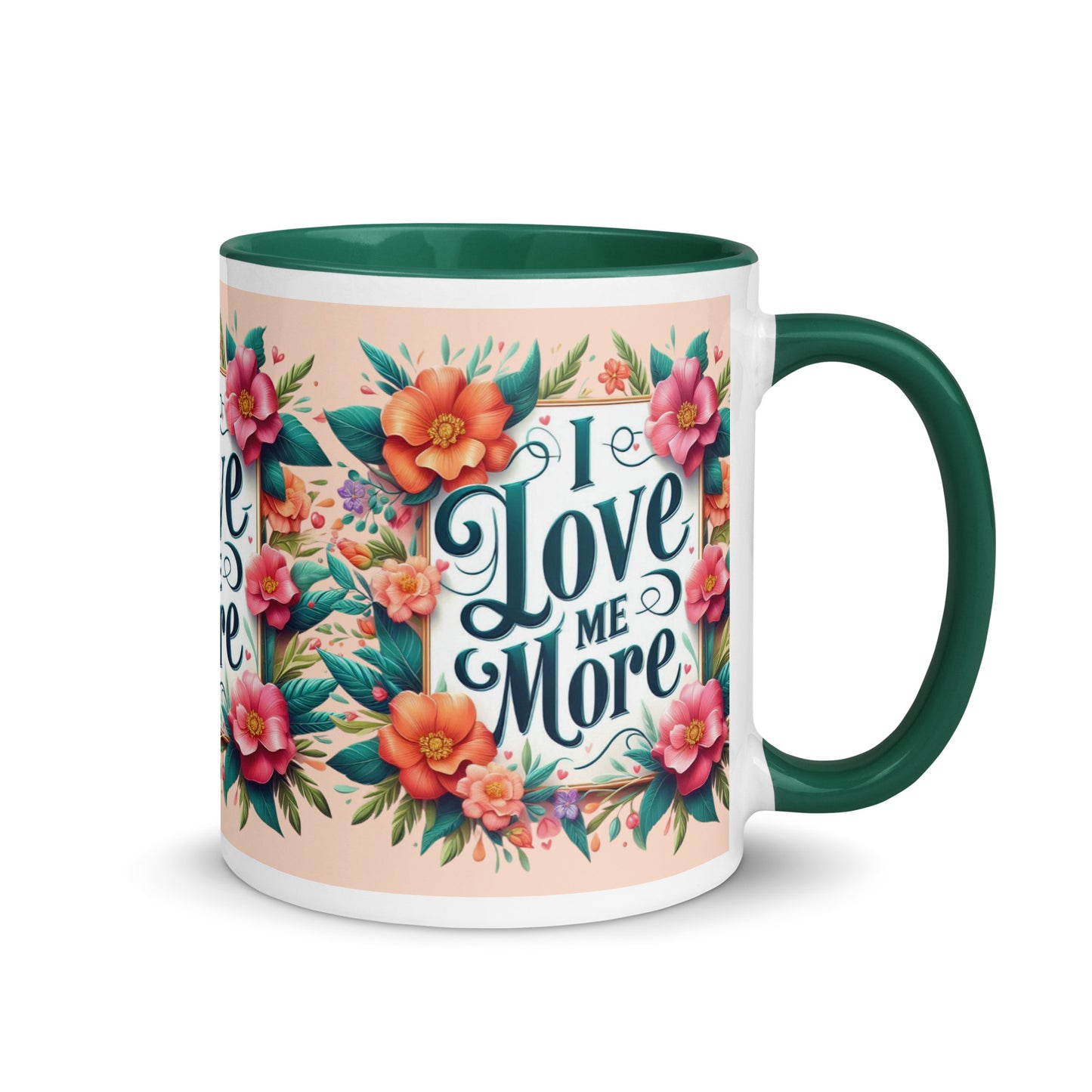 Dark blue I Love Me More affirmation mug with colorful inside, featuring motivational self-love message from I Love Me Vibe.