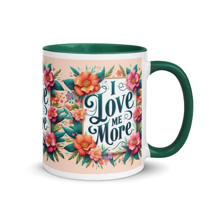 Dark blue I Love Me More affirmation mug with colorful inside, featuring motivational self-love message from I Love Me Vibe.