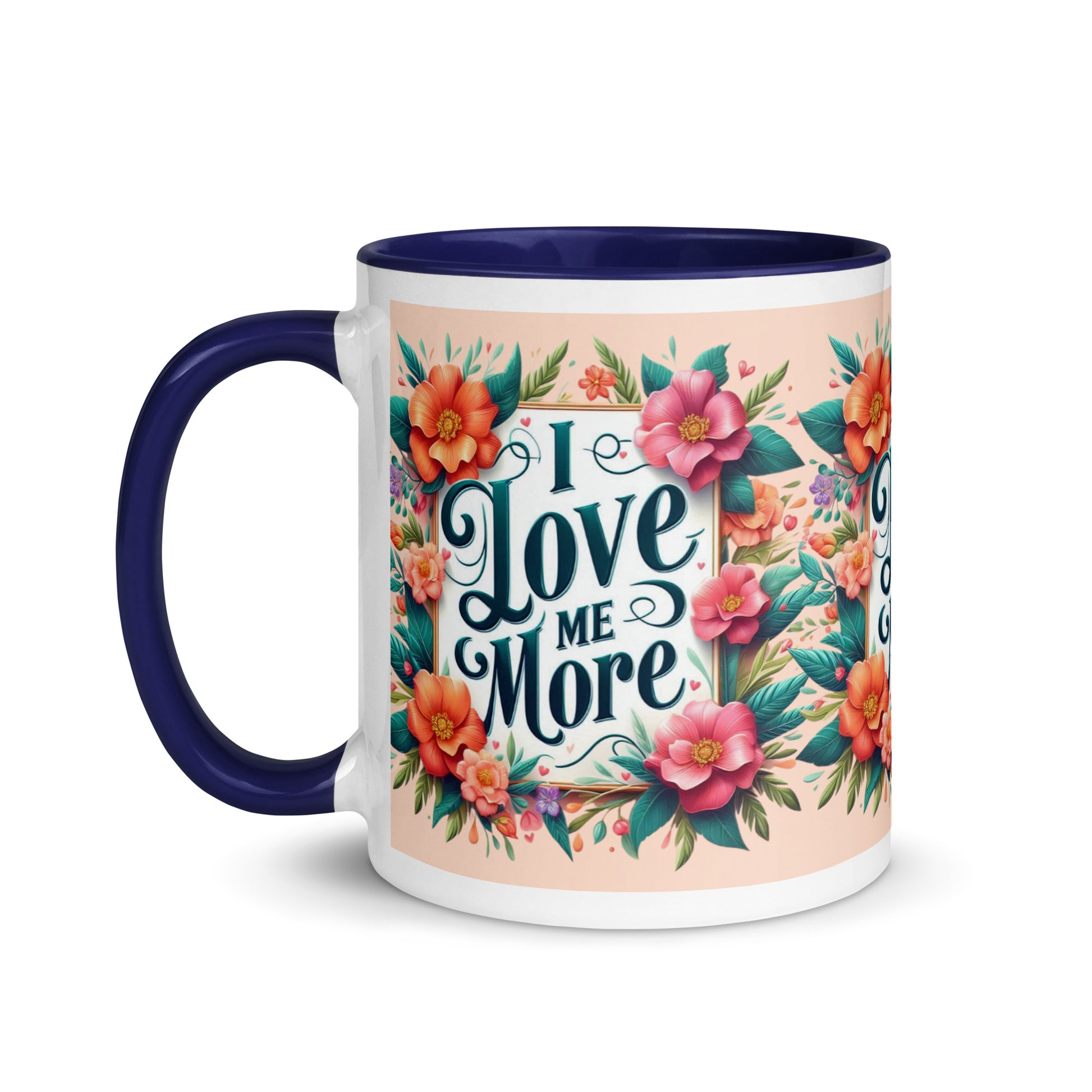 Dark blue I Love Me Vibe affirmation mug with colorful interior, featuring self-love motivational message on ceramic drinkware.