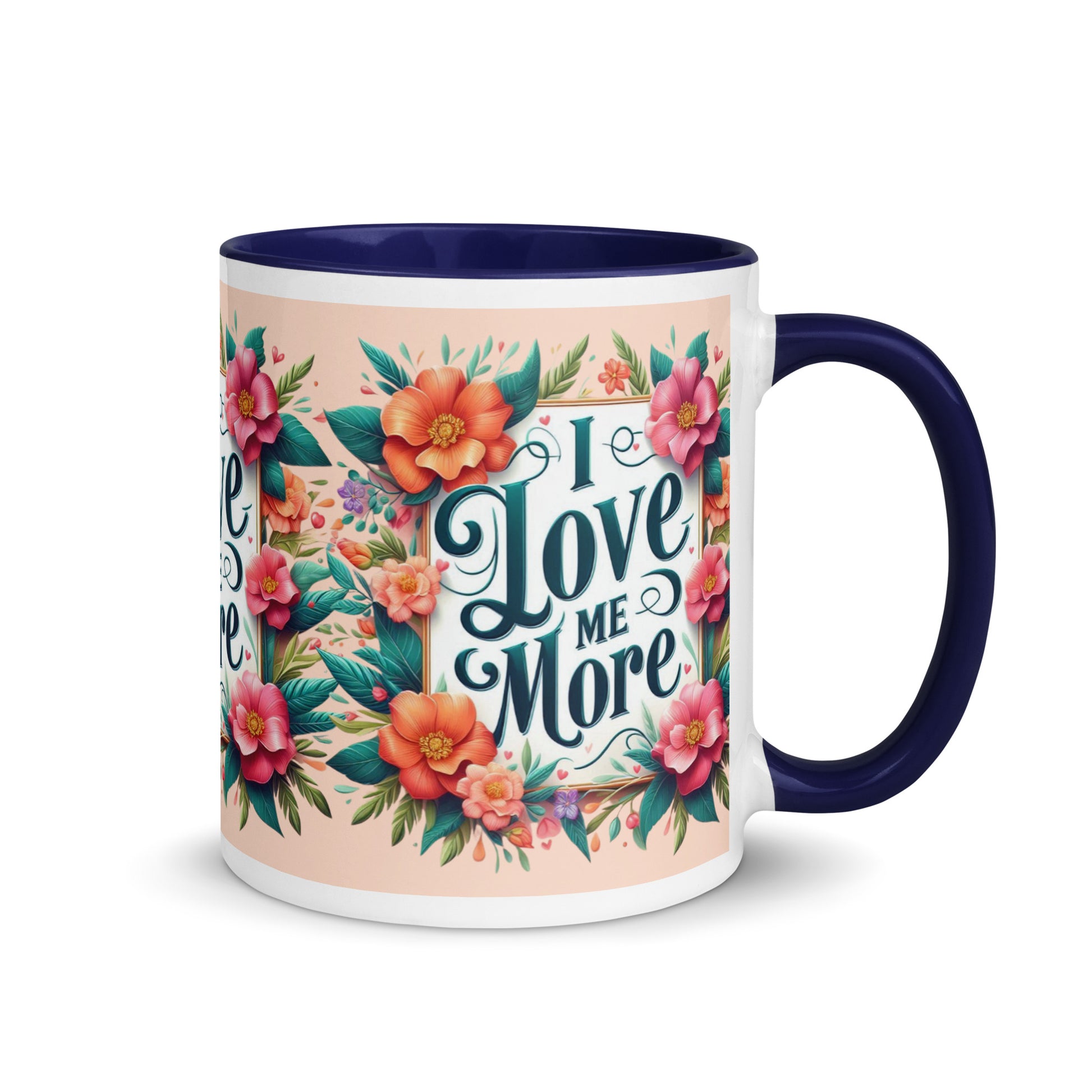 Dark blue I Love Me More affirmation mug with colorful inside, featuring motivational self-love message from I Love Me Vibe.