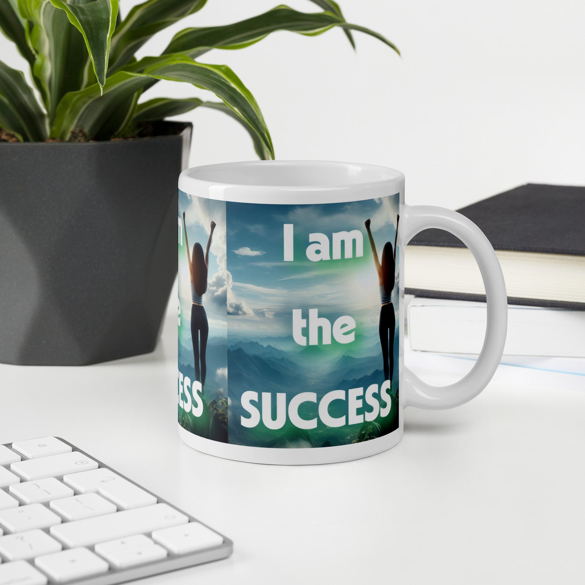 White glossy mug with "I Am The Success" affirmation, empowering daily mindset drinkware by I Love Me Vibe.