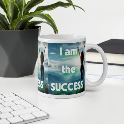 White glossy mug with "I Am The Success" affirmation, empowering daily mindset drinkware by I Love Me Vibe.