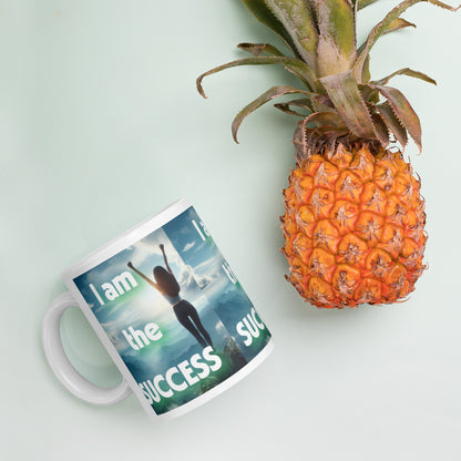 White glossy mug with "I Am The Success" affirmation, empowering daily mindset drinkware by I Love Me Vibe.