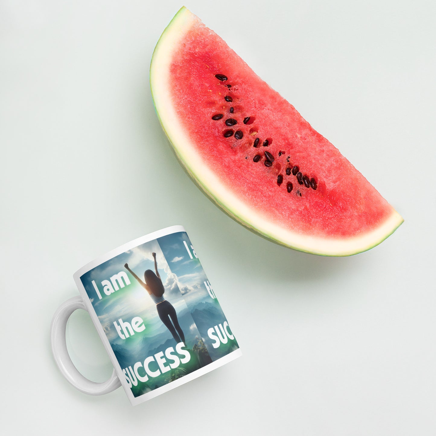 White glossy mug with "I Am The Success" affirmation from I Love Me Vibe, perfect for daily empowerment and positive mindset.